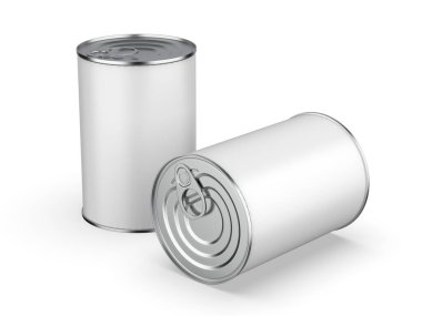 Teneke kutu maketi. Yemek kutusu. Çelik ve teneke kutular. Konserve yiyecekler. Metal konteynır. Kutuyu muhafaza etmek. Korunmuş ürün. 3B illüstrasyon