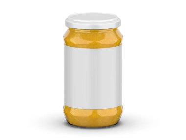 Mango reçel paketi tasarımı, cam kavanoz modeli ve beyaz arkaplanda 3 boyutlu illüstrasyon etiketi.