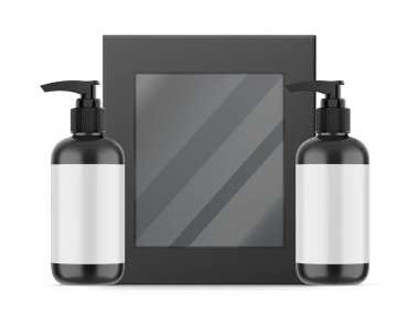 Pompalı kozmetik şişesi hediye seti, güzellik ürünü kutusu maketi, 3 boyutlu illüstrasyon.