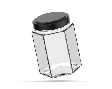 Boş şeffaf cam kavanoz modeli. Mutfak eşyası kutu şablonunu temizle. 3B illüstrasyon