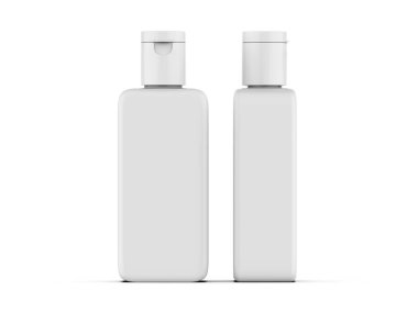 Plastik kozmetik şişe kapaklı maketi, markalaşmaya hazır, 3D çizim.