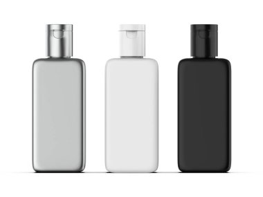 Plastik kozmetik şişe kapaklı maketi, markalaşmaya hazır, 3D çizim.