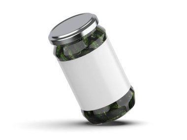 Salatalık turşusu cam kavanoz modeli. Beyaz arka planda turşu turşusu korunmuş. 3d illüstrasyon