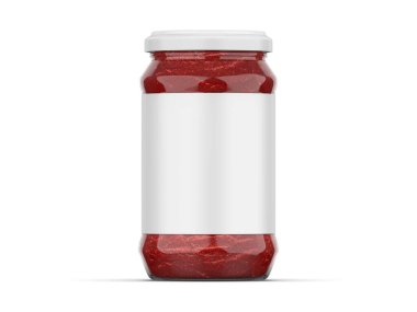 Taze domates püresi modeli, izole edilmiş beyaz arka planda etiketli domates ezmesi şişesi, 3 boyutlu illüstrasyon.