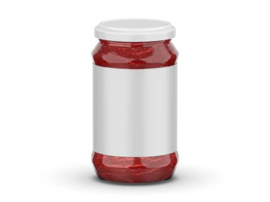 Taze domates püresi modeli, izole edilmiş beyaz arka planda etiketli domates ezmesi şişesi, 3 boyutlu illüstrasyon.