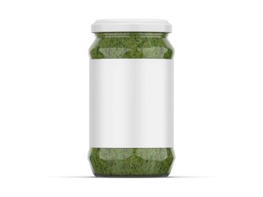 Fesleğen soslu cam kavanoz. Fesleğen sosu maketi. Fesleğen ezmesi şişesi.