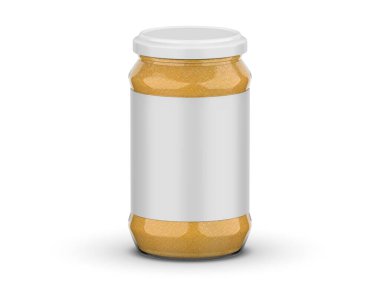 İzole edilmiş beyaz arkaplanda hardal sosu kavanozu, cam şişede hardal yapıştırıcısı, 3 boyutlu illüstrasyon.