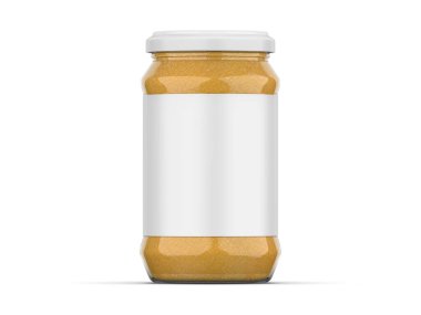 İzole edilmiş beyaz arkaplanda hardal sosu kavanozu, cam şişede hardal yapıştırıcısı, 3 boyutlu illüstrasyon.