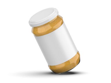 İzole edilmiş beyaz arkaplanda hardal sosu kavanozu, cam şişede hardal yapıştırıcısı, 3 boyutlu illüstrasyon.