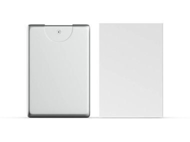 Metalik bitiş parfüm modeli, parfüm örneği test kutusu markalaşma için maket, 3D illüstrasyon.