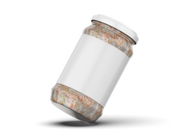 Lahana turşusu kavanozu model şablonu. Cam kavanozda marine edilmiş lahana, beyaz arka planda izole edilmiş kağıt kapaklı, üç boyutlu illüstrasyon.