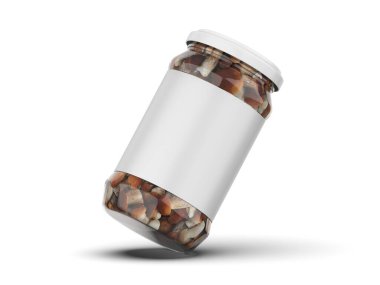 Terbiye edilmiş porcini mantarı cam kavanoz modelleme şablonu izole edilmiş beyaz arka plan, 3 boyutlu illüstrasyon