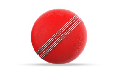 İzole edilmiş beyaz zemin üzerinde kriket topu modeli, uluslararası test maçı için kırmızı deri kriket topu, 3D illüstrasyon