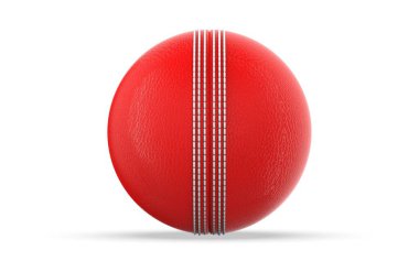 İzole edilmiş beyaz zemin üzerinde kriket topu modeli, uluslararası test maçı için kırmızı deri kriket topu, 3D illüstrasyon