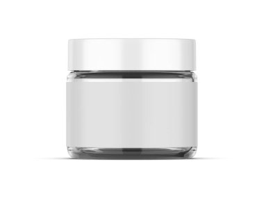 İzole edilmiş beyaz arkaplan üzerine kağıt etiketli şeffaf kozmetik kavanoz modeli, 3d illüstrasyon