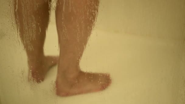 Feet Woman Taking Shower Seen Glass — Stock Video
