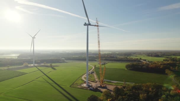 Aerial View Wind Farm Construction Galder Netherlands — Vídeos de Stock
