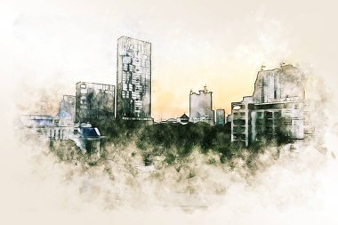 Şehirde suluboya resim üzerine inşa edilen soyut ofisler. Sanata Dijital illüstrasyon fırçası üzerine şehir.