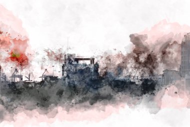 Şehirde suluboya resim üzerine soyut renkli ofis binası. Sanata Dijital illüstrasyon fırçası üzerine şehir.