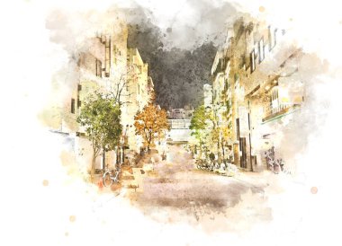 Şehirde suluboya resim üzerine inşa edilen soyut ofisler. Sanata Dijital illüstrasyon fırçası üzerine şehir.