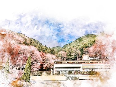 Japonya 'daki soyut renkli dağ sırası suluboya resim arka planı üzerine.