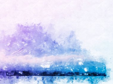 Japonya, Kawaguchiko 'da bulunan Fuji Dağı' nın soyut zirvesi suluboya resim arka planı üzerine.