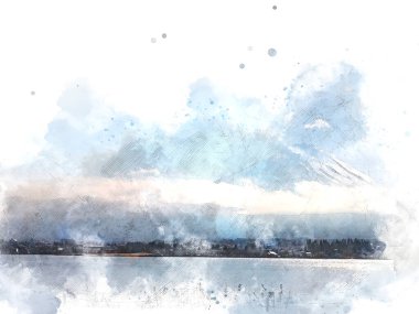 Japonya, Kawaguchiko 'da bulunan Fuji Dağı' nın soyut zirvesi suluboya resim arka planı üzerine.