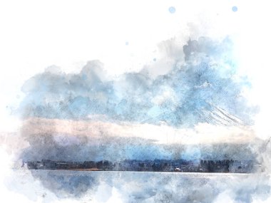 Japonya, Kawaguchiko 'da bulunan Fuji Dağı' nın soyut zirvesi suluboya resim arka planı üzerine.