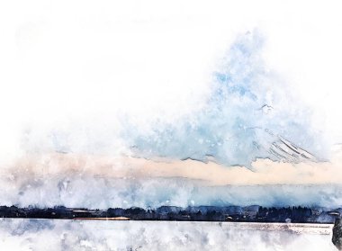 Japonya, Kawaguchiko 'da bulunan Fuji Dağı' nın soyut zirvesi suluboya resim arka planı üzerine.