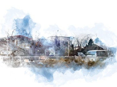 Japonya, Kawaguchiko 'da bulunan Fuji Dağı' nın soyut zirvesi suluboya resim arka planı üzerine.