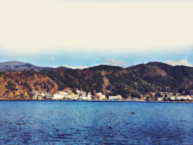 Japonya, Kawaguchiko 'da bulunan Fuji Dağı' nın soyut zirvesi suluboya resim arka planı üzerine.