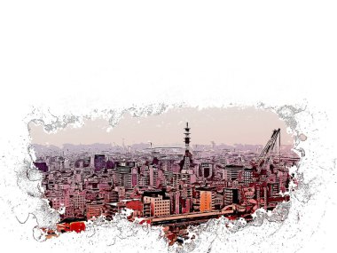 Osaka şehrinin başkentinde suluboya resim üzerine soyut bir bina. Sanata Dijital illüstrasyon fırçası üzerine şehir