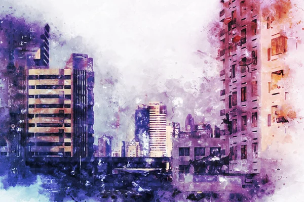 Abstrakt Kontorer Bygning Byen Akvarel Maleri Baggrund Digital Illustration Børste - Stock-foto