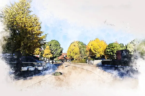 Abstrakt Färgglada Träd Landskap Staden Akvarell Illustration Målning Bakgrund — Stockfoto