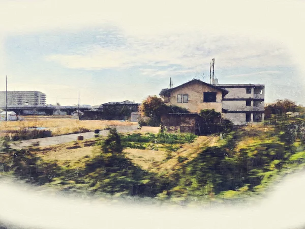 大阪の抽象的なカラフルな街並みの建物とウォーキングストリート 水彩絵画の背景 — ストック写真