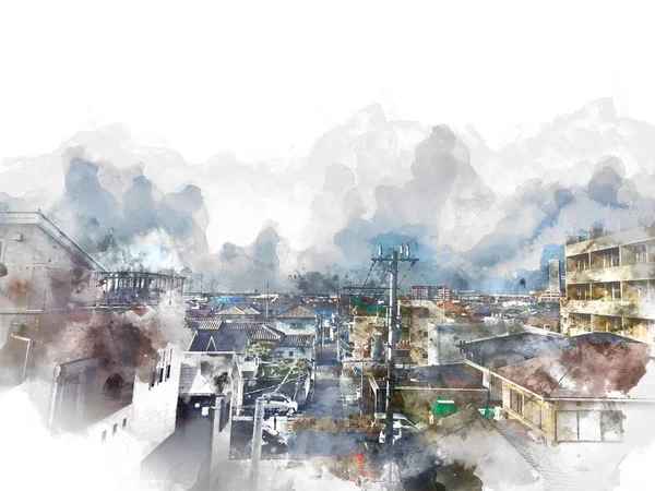 Abstraktní Barevné Město Budovy Pěší Ulice Ósace Japonsko Akvarelu Ilustrace — Stock fotografie
