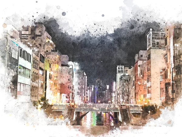 Абстрактное Красочное Здание Пешеходная Улица Осаке Япония Фоне Акварельной Иллюстрации — стоковое фото