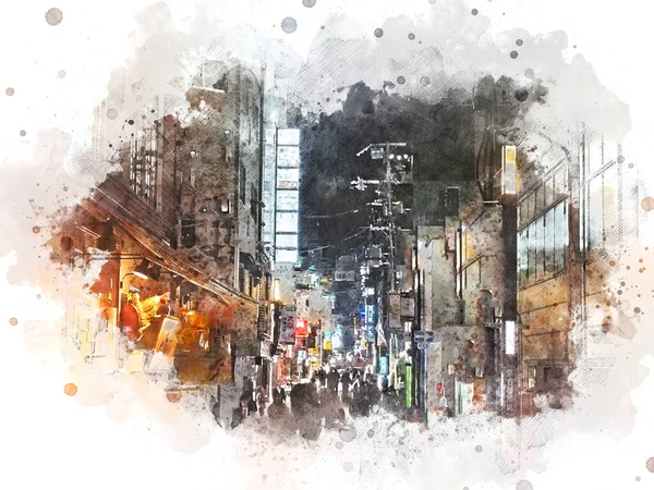 Abstracto Colorido Paisaje Urbano Buiding Caminar Calle Osaka Japón Acuarela — Foto de Stock
