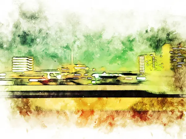 Абстрактное Здание Городе Осака Ночью Фоне Акварельной Живописи Город Цифровой — стоковое фото