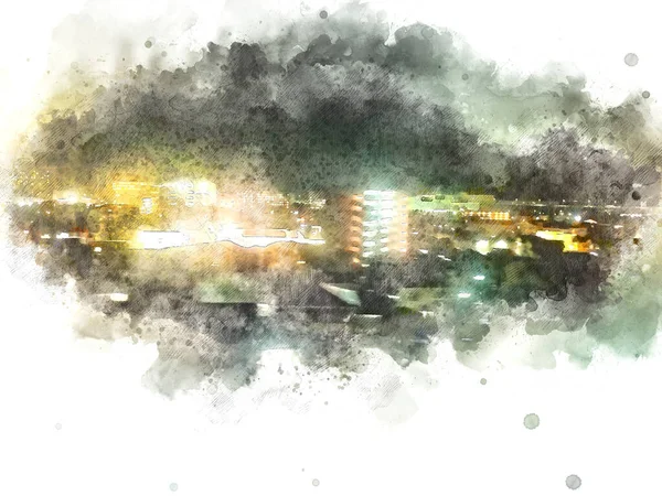 Abstraktní Barevné Kancelářské Budovy Noci Hlavním Městě Akvarel Ilustrace Pozadí — Stock fotografie