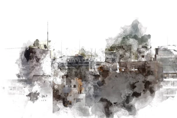 Абстрактна Барвиста Будівля Місті Фоні Акварельної Ілюстрації Живопису Стокове Зображення