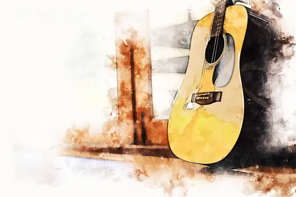 Ön planda akustik gitarda, suluboya resim arka planında ve sanatta dijital illüstrasyon fırçasında soyut renkli şekil.
