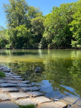 Güzel göl manzarası, Buenos Aires 'te parktaki ağaçlar, doğa, güneşli bir günde geleneksel kültürel mimari ve mavi gökyüzü, Arjantin