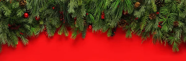 Kırmızı Arkaplanda Noel Dalları — Stok fotoğraf