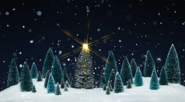 Snövit Vinter Underland Med Miniatyr Träd Dekorationer Och Gnistrande Stjärna — Stockfoto