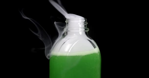 Bottle Filled Toxic Green Liquid Bubbling Smoking Concept Suicide Poison — Stock Video