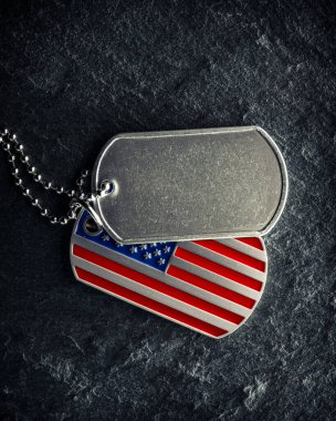 Amerikan askerinin künyesi, sert ve üzerinde yazı için boşluk olan, Amerikan bayrağı şeklinde. Gaziler Günü konsepti için anma günü.