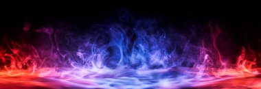 Dramatic smoke and fog in contrasting vivid red, blue, and purple colors. Vivid and intense abstract background or wallpaper. clipart