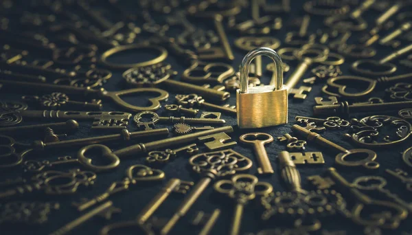 セキュリティ プライバシー または保護を象徴する単一の金のロックを囲むヴィンテージの勝利者スタイルキー — ストック写真