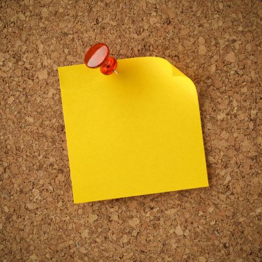 Blank yellow sticky note pinned with red tack. Empty copy space for important office notice, message, or reminder. clipart